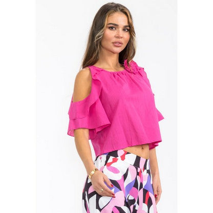 Linen-Look Cold Shoulder Rose Pin Top in Fuchsia