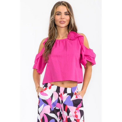 8820 Linen-Look Cold Shoulder Top in Fuchsia