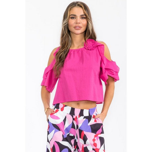 8820 Linen-Look Cold Shoulder Top in Fuchsia