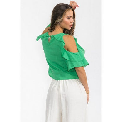 Linen-Look Cold Shoulder Rose Pin Top in Green