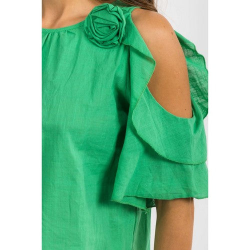 Linen-Look Cold Shoulder Rose Pin Top in Green