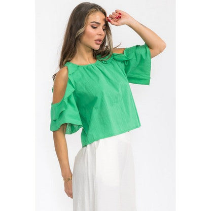 8820 Linen-Look Cold Shoulder Top in Green