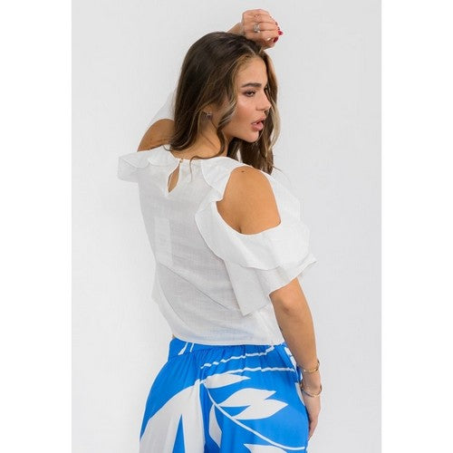 Linen-Look Cold Shoulder Rose Pin Top in White