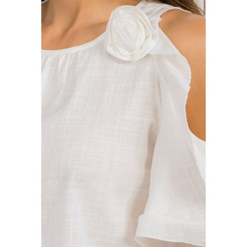 Linen-Look Cold Shoulder Rose Pin Top in White
