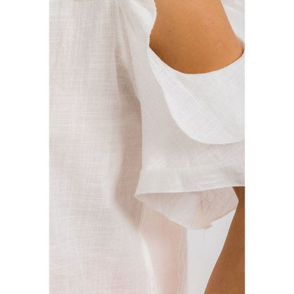 Linen-Look Cold Shoulder Rose Pin Top in White