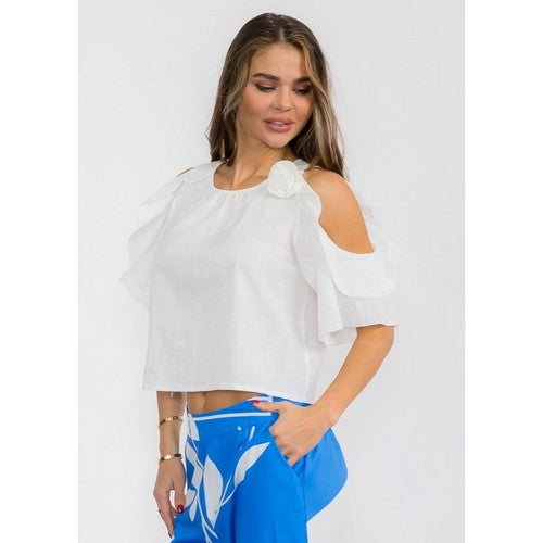 8820 Linen-Look Cold Shoulder Top in White