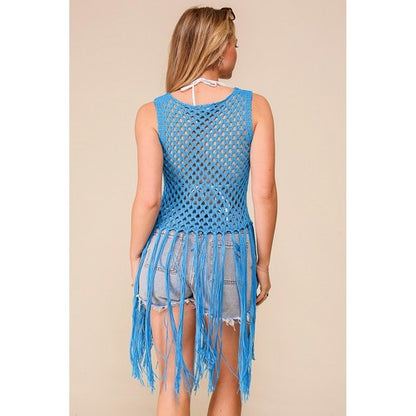 Crochet Fringe Tank Top in Blue