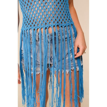 Crochet Fringe Tank Top in Blue