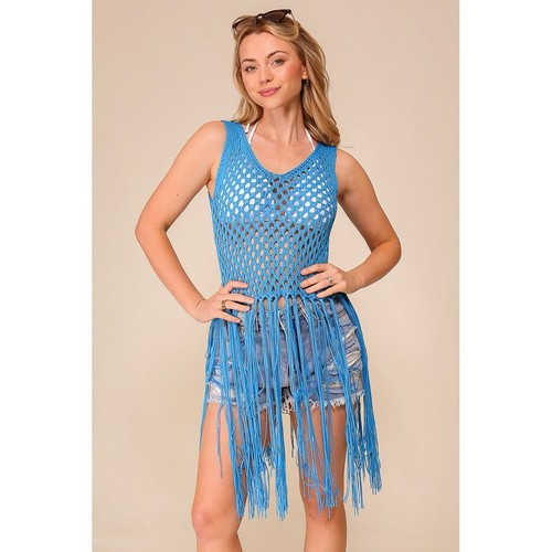 Crochet Fringe Tank Top in Blue