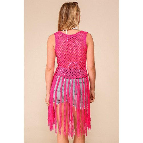 Crochet Fringe Tank Top in Fuchsia
