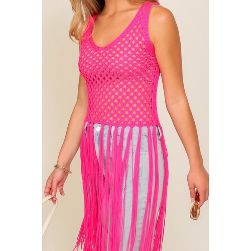 Crochet Fringe Tank Top in Fuchsia