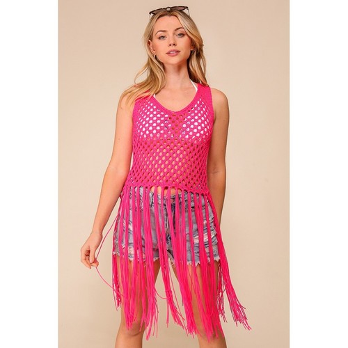 Crochet Fringe Tank Top in Fuchsia