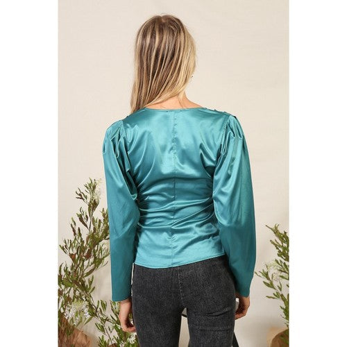 Satin Surplice Satin Top in Hunter Green