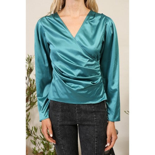 Satin Surplice Satin Top in Hunter Green
