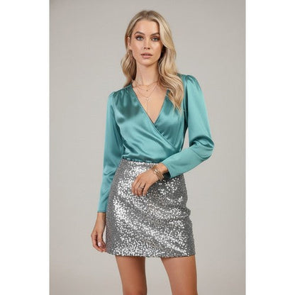 NT20333 Satin Surplice Satin Top in Green