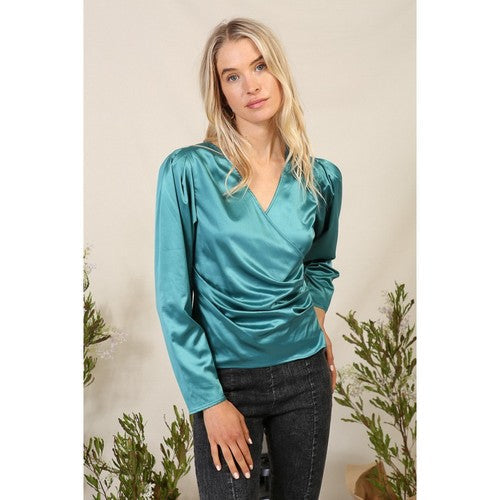 Satin Surplice Satin Top in Hunter Green
