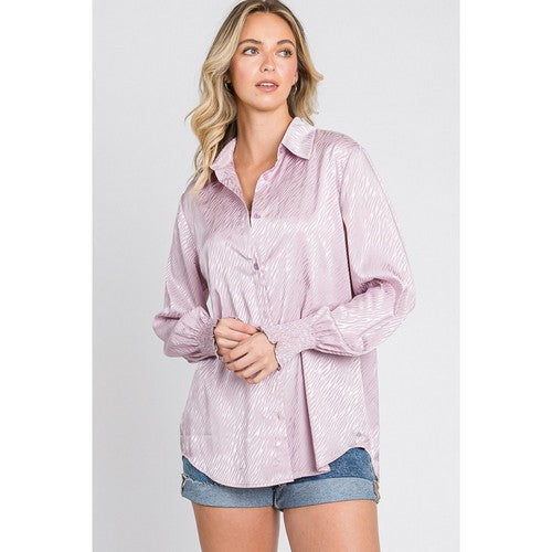 SNS1485 Satin Animal Print Button Down Shirt in Lilac