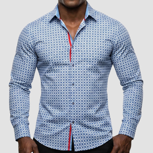American Breed Slim Fit long Sleeve Print Shirt in Blue & White