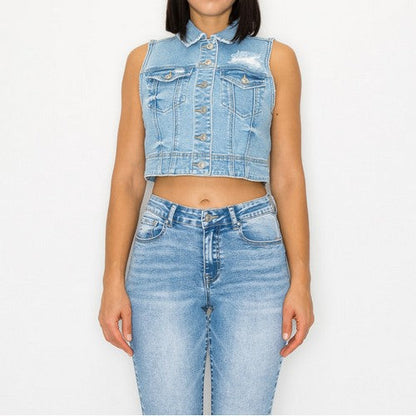 90314 Wax Jean Boxy Crop Waistcoat Vest in Medium Denim