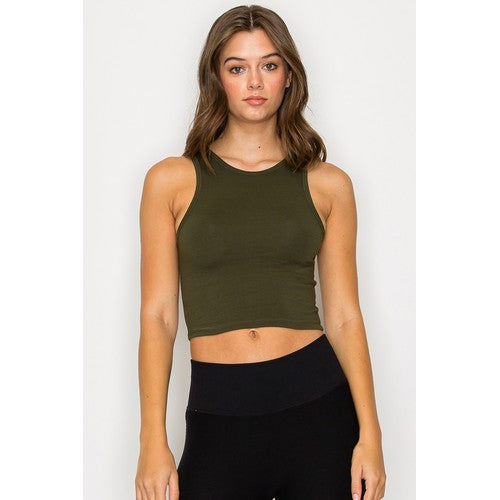 CST650 High Neck Crop Cotton Tank Top in Olive
