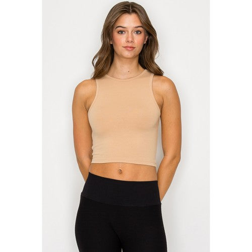 CST650 High Neck Crop Cotton Tank Top in Sand
