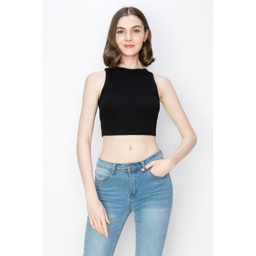 RC227 High Neck Rib Cotton Crop Tank Top in Black