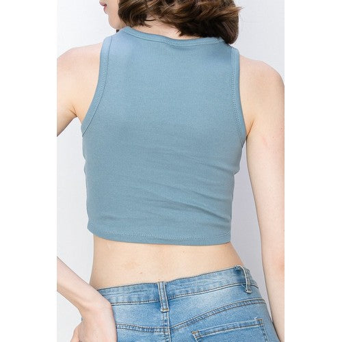 High Neck Rib Cotton Crop Tank Top in Dusty Blue