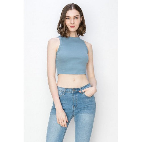 RC227 High Neck Rib Cotton Crop Tank Top in Dusty Blue