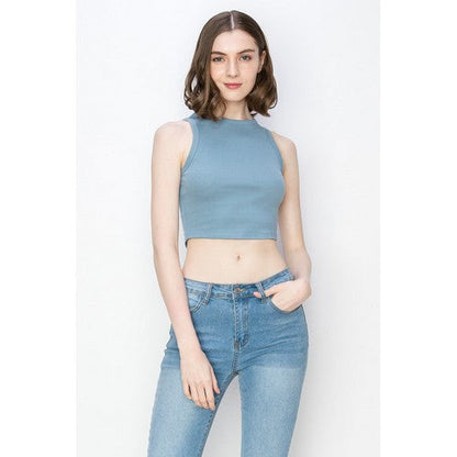 RC227 High Neck Rib Cotton Crop Tank Top in Dusty Blue