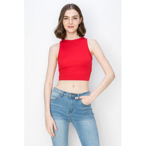 RC227 High Neck Rib Cotton Crop Tank Top in Red
