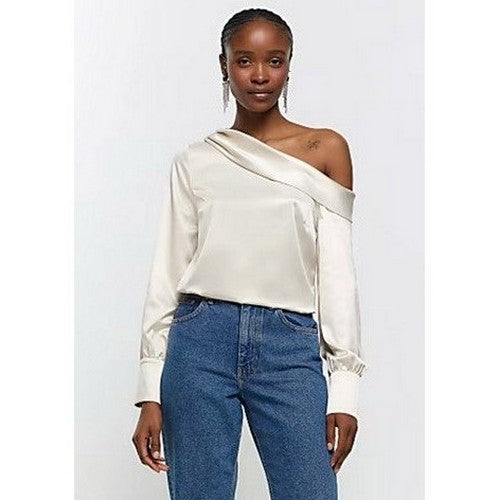 River Island One Shoulder Satin Blouse in Champagne