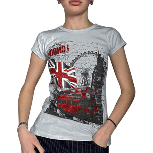 London Glitter Print Graphic Tee in Grey