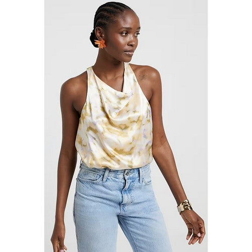 River Island Marble Print Satin Halter Top in Yellow
