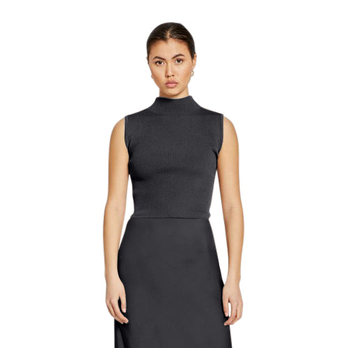 Turtle Neck Rib Tank Top in Black