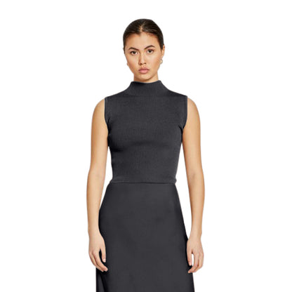 Turtle Neck Rib Tank Top in Black