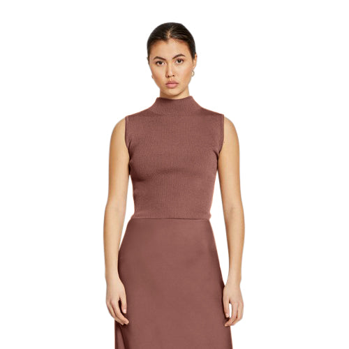 Turtle Neck Rib Tank Top in Dark Brown