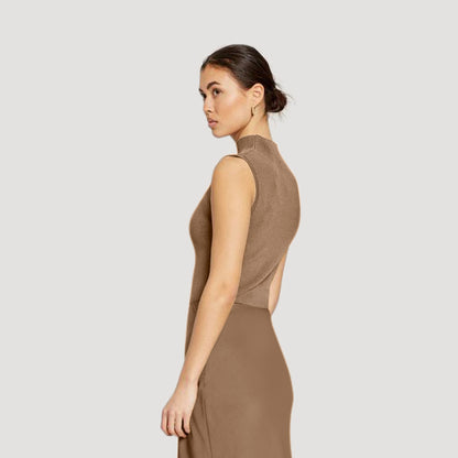 Turtle Neck Rib Tank Top in Khaki