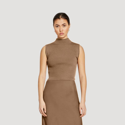 Turtle Neck Rib Tank Top in Khaki