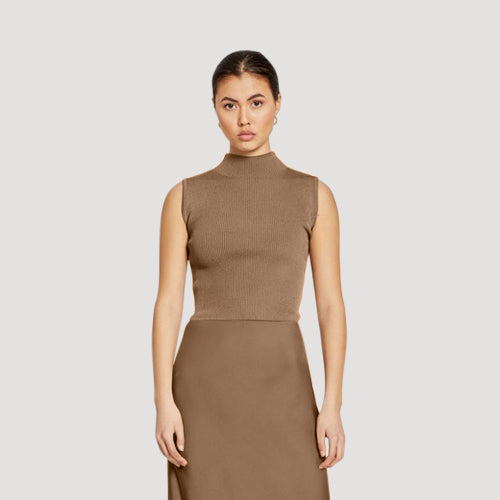 Turtle Neck Rib Tank Top in Khaki