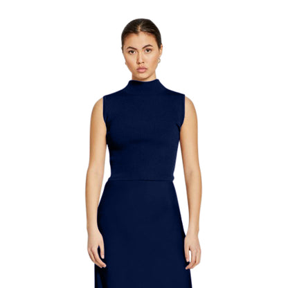 Turtle Neck Rib Tank Top in Navy