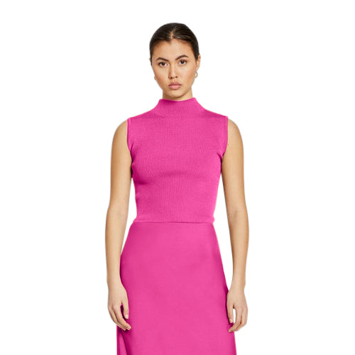 Turtle Neck Rib Tank Top in Fuchsia Pink