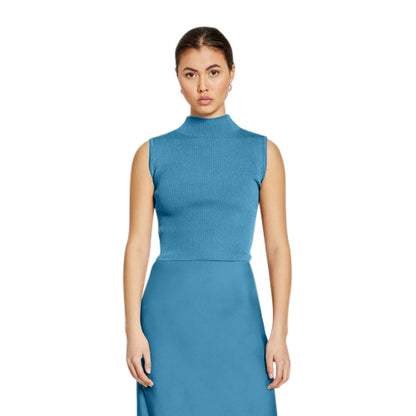 Turtle Neck Rib Tank Top in Teal