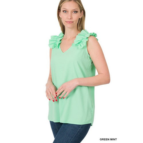 QT-2696AB Ruffle Shoulder Sleeveless Blouse in Green Mint