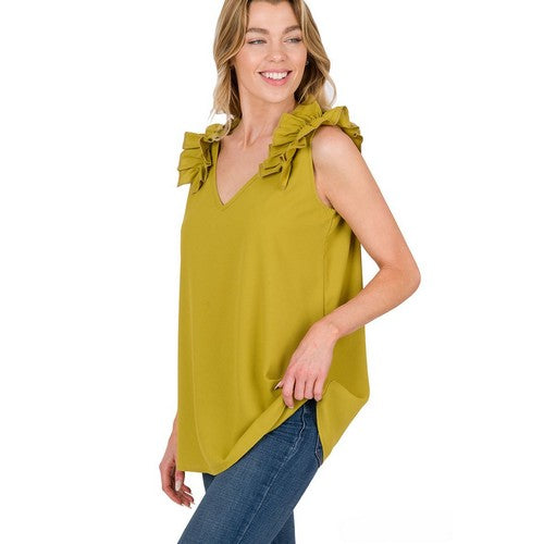 QT-2696AB Ruffle Shoulder Sleeveless Blouse in Olive Mustard