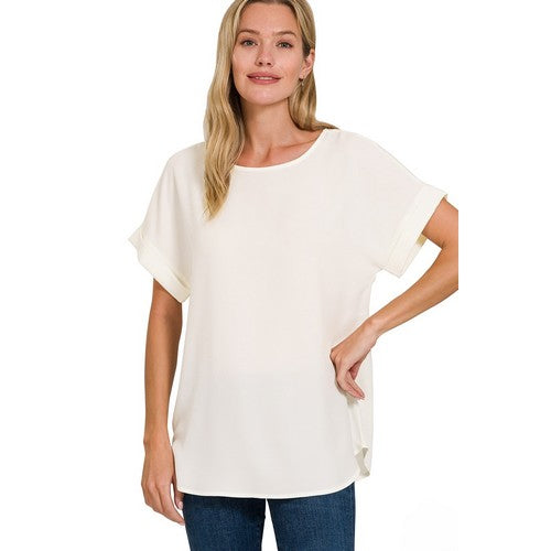 QT-3500AB Round Neck Roll Sleeve Blouse in Ivory