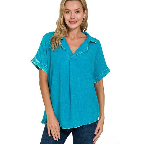 QTW-1385D4 Washed Linen Raw Edge Shirt in Light Teal