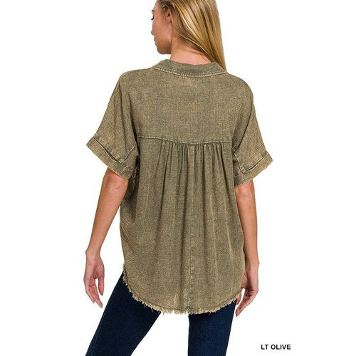 Washed Linen Raw Edge Shirt in Olive
