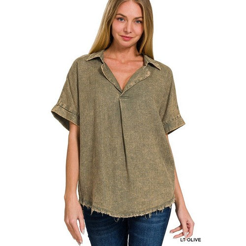 Washed Linen Raw Edge Shirt in Olive