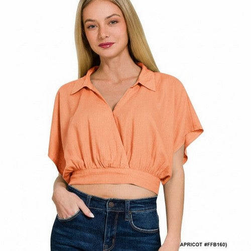 QT-7171Y Washed Linen Wrap Crop Top in Apricot