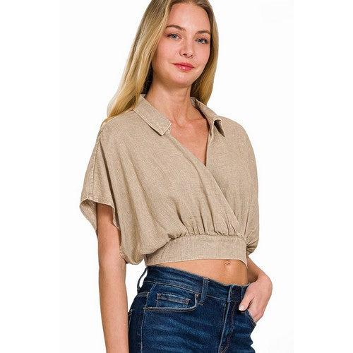 Washed Linen Wrap Crop Top in Beige